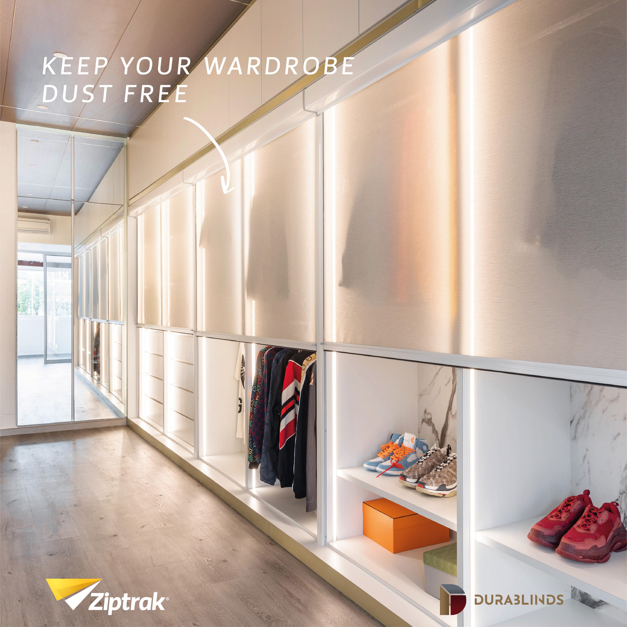 With logos - Interior - wardrobe - Singapore - Durablinds - Ziptrak