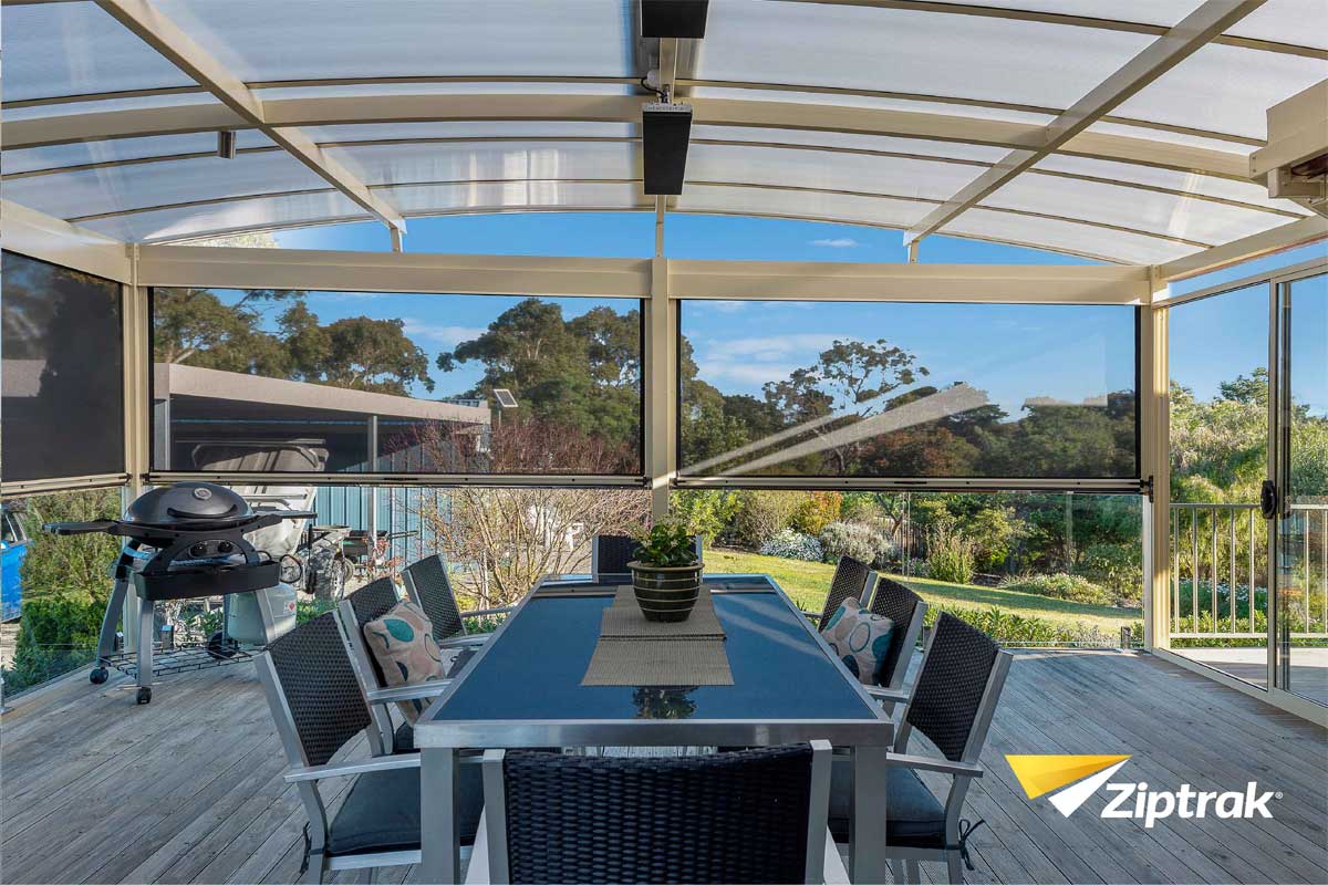 Ziptrak® motorised outdoor roller blinds in operation