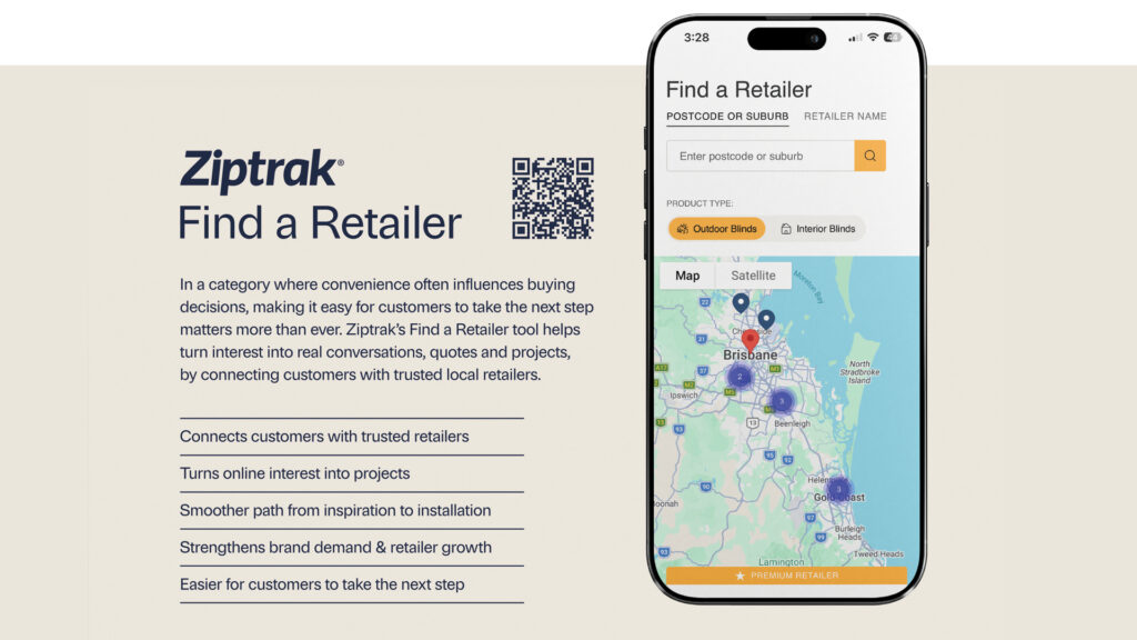 Ziptrak® Find a Retailer tool shown on a phone screen with a map interface, QR code and key benefits for connecting customers with trusted local retailers.